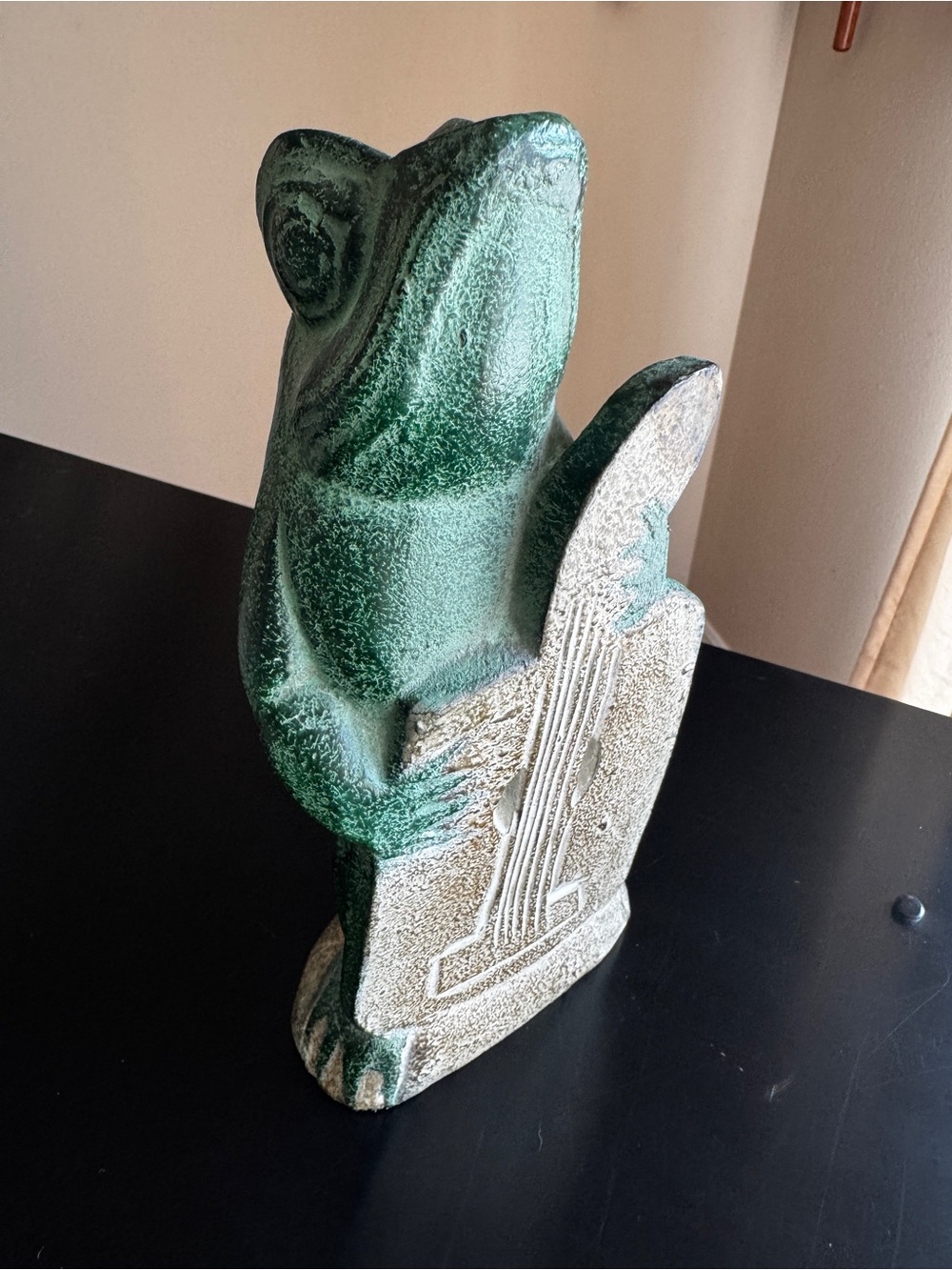 Green Frog Sculpture with Double Bass or Cello - Home Art Decor